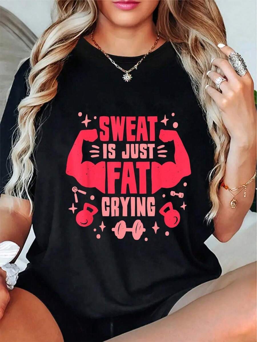 Plus Size Women Cotton Funny Gym T Shirt With Sweat Is Just Crying Motivational Quote Muscle Graphic Design Black Workout Tee With RedWhite Print Breathable Round Neck Casual Fitness Shirt For Training Outdoor Activities Casual Attire Gym Shirts Comfortable Fit Exercise Clothing Durable Material Women Women Size L-3XL 4XL 5XL - 黑色 - 查看 1