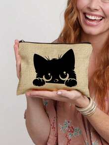 猫咪主题手提包套装：女士手提包套装，包括 1 个黑色卡通猫咪图案手提包和 1 个印有猫、鸟、波浪、花朵图案的小包/零钱包，适合海滩度假，时尚大容量化妆包，旅行化妆包。 - 卡其色 - 查看 7