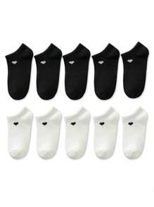 10 pares/12 pares de calcetines tipo tobillero con estampado de corazón para niños, en negro/blanco/gris, cómodos y versátiles, aptos para niñas, para primavera/otoño