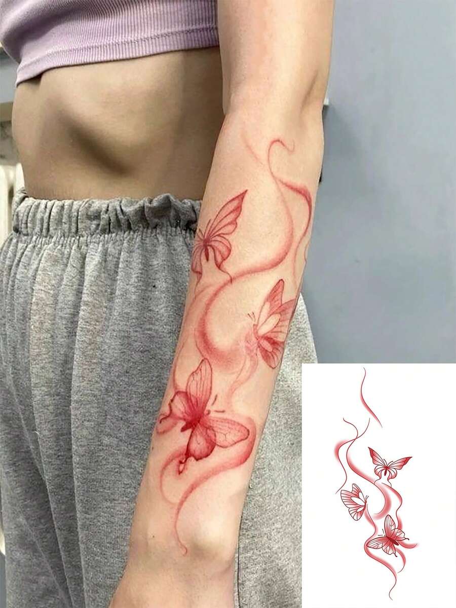 1 pieza Pegatina de tatuaje temporal lavable, mariposa roja grande, adecuado para personas - Rojo - Ver 1