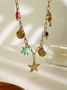 1pc Luxurious Design Minimalist Ocean Theme Glass Ceramic Stainless Steel Sea Star, Seahorse, Shell Multi-Pendant Necklace, Women Jewelry
