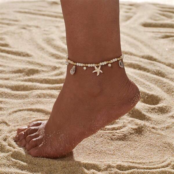 1pc Vintage Beach Style Shell, Starfish, Turquoise Beaded Anklet For Women