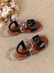 1 双时尚儿童波西米亚风格凉鞋，舒适钩环耐用沙滩凉鞋，珠子颜色随机