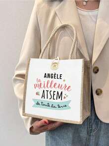 法式印花化妆包、教师主题手提包和化妆包套装、女士伴娘个性化婚礼礼品包、字母印花托特包配化妆包、海滩度假风格卡片套装字母购物袋 - 彩色 - 查看 4