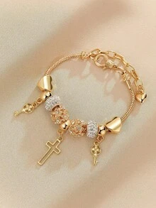 1pc Fashionable Heart, Cross, Floral Beaded Bracelet With Golden Tone Charm Pendant For Women - Yellow Gold - View 2