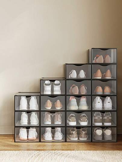 Boîtes à Chaussures, Organisateurs en Plastique, avec Porte, Lot de 12/18, Empilables, Montage Facile, 33,2 x 23 x 14,5 cm, pour Pointure jusqu'à 43, Transparentes et Noir d'Encre