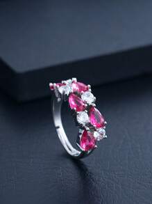 1pc Copper Micro-Inlay Multi-Teardrop Cubic Zirconia Adjustable Open Ring, Minimalist Style Suitable For Daily Wear For Women