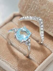Anel de prata luxuoso para mulheres, 2 peças, elegante, moderno, com incrustações de metal, zircônia brilhante, joia de casamento e noivado