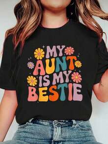 100% Cotton My Aunt Is My Bestie Auntie Niece Matching Twinning Girls T-Shirt Women's Men's Plus Size Soft Tee Causal Tops Breathable - 黑色 - 查看 1