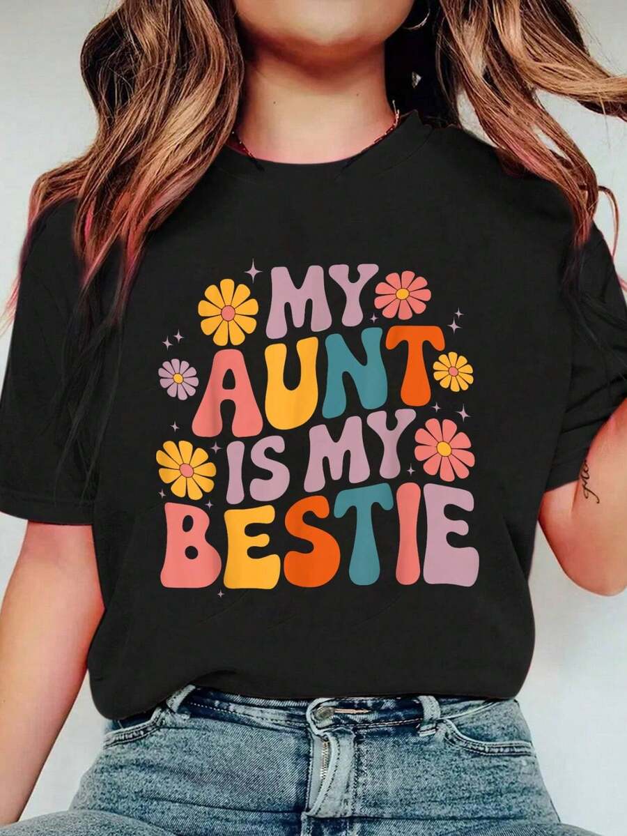 100% Cotton My Aunt Is My Bestie Auntie Niece Matching Twinning Girls T-Shirt Women's Men's Plus Size Soft Tee Causal Tops Breathable - 黑色 - 查看 1