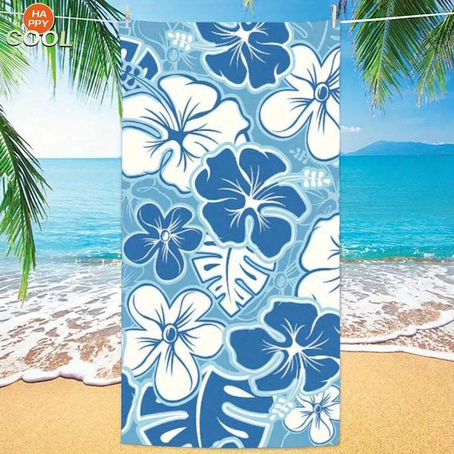 1pc Blue & White Floral Beach Towel - Tropical Hibiscus Prints - 30*60inch, Lightweight & Absorbent, Perfect For Swimming, Gym, Yoga - Ideal Travel Companion - 白色 - 查看 1