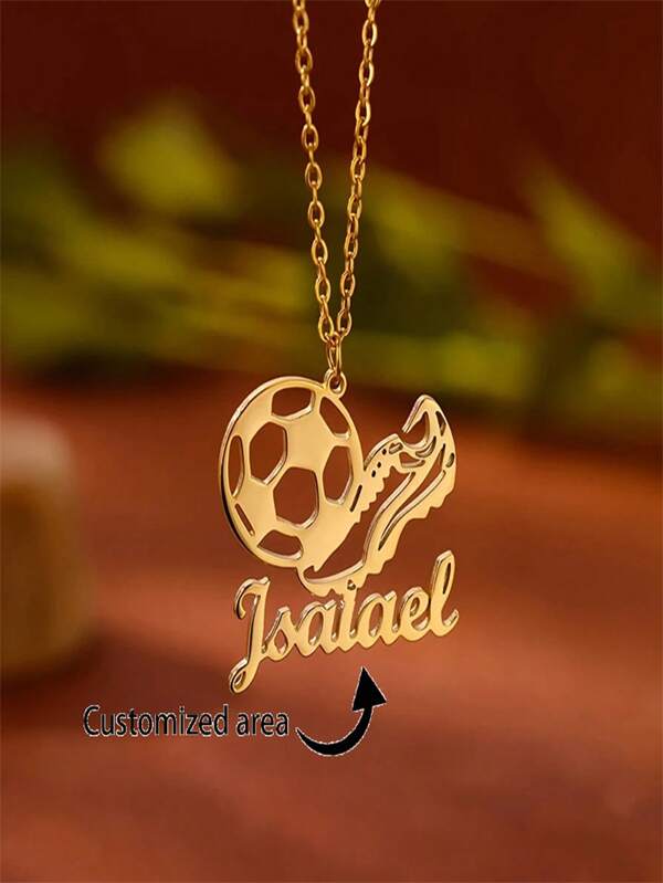 Collar personalizado con grabado de fútbol - Joyería minimalista de acero inoxidable con diseño de pendiente de fútbol y zapato, personalizado con nombre, para niños y niñas, regalo de cumpleaños, aniversario o familiar. Accesorios de fútbol, accesorios de fanáticos del deporte, estética moderna, artesanía de alta calidad, cadena chapada en oro