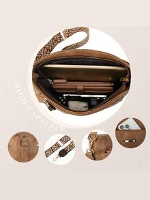 复古休闲斜挎包，大容量，女士休闲斜挎包，可拆卸可调节肩带，拉链封口，适合日常通勤、购物和旅行 - 咖啡棕色、黑色、深棕色，几何图案点缀，纹理表面 - 彩色 - 查看 5