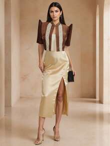 1 Piece Of Women's Elegant Bubble Sleeve Short Sleeved Shirt Top Bolero Filipiniana For Women - Brown - View 3