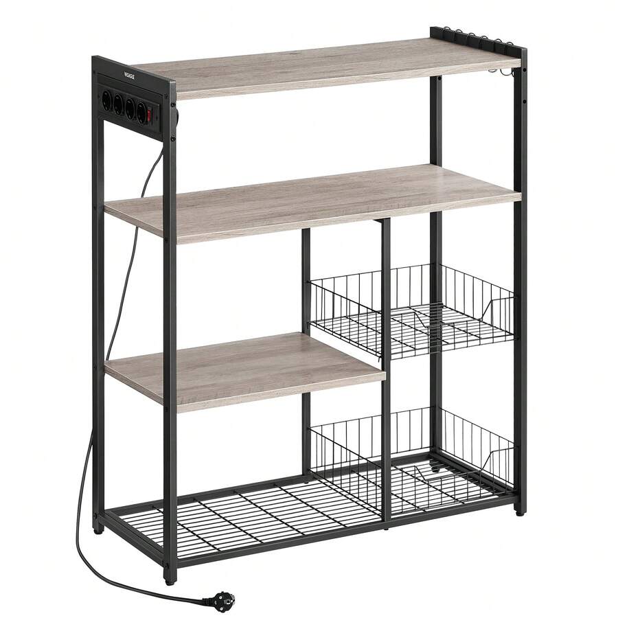 VASAGLE Küchenregal mit Steckdosen, Standregal mit 2 Metallkörben, Bäckerregal mit Haken, Regalablagen,Industrie-Design - EU F-Typ Stecker (220-240V) - Übersicht 1