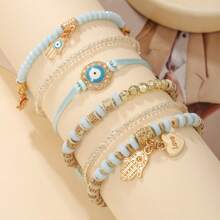Multiple-Piece Bohemian Creative Devil Eye, Palm & Heart Beaded Multilayer Stretch Bracelet Set