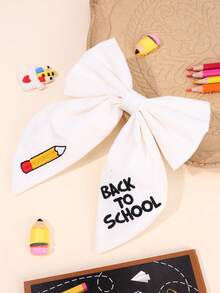 1pc White Fabric Bow Hair Clip, Book & Pencil Print Hair Bow, Fashionable Daily Use Hair Accessory Gift For Kids Back To School Season - Multicolor - View 5