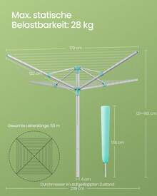 SONGMICS Wäschespinne, Wäscheständer, höhenverstellbar, 50 m Wäscheleine, für 5 Waschmaschinenladungen, Outdoor, Garten, mit Bodenhülse, Wäscheklammern, silbern-grün - Silbern-Grün - Übersicht 7