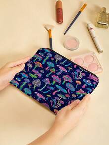 Whimsical Mushroom Printed Canvas Toiletries Bag- Fashionable Design, Zipper Closure, Foldable, Lightweight, Fade-Resistant- Perfect Gift For Bridesmaids, Teachers And Friends, Also Can Be Used As A Machine Washable Women's Makeup Bag. Back To School Book Bag, Travel Essentials, Beach Summer Vacation Travel Organizer Bag - Multicolor - View 4