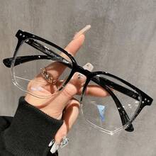 Rectangular Square Plain Glasses, Artistic Retro  Plain Glasses Frame, Unisex, Versatile Fashion Item - Black - View 2
