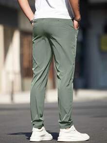 Men's Solid Color Slant Pocket Casual Commute Tapered Pants - Army Green - View 3