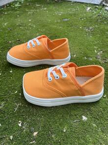 1 双橙色帆布系带平底时尚活泼校园风格舒适透气休闲运动鞋，适合学生日常户外活动（随机）