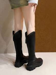 V-Cut Non-Knee High Black Boots For Women, 2025 Autumn/Winter New Round Toe Thick Sole Back Zipper Increased Height Fashion Boots - Black - View 6