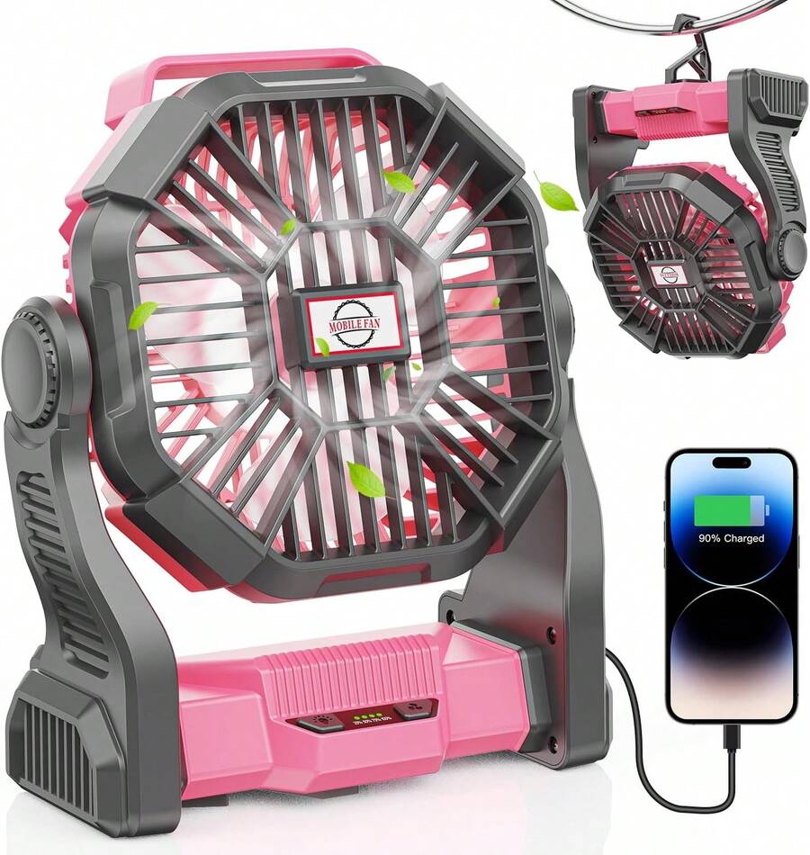 Portable Camping Tent Fan With LED Light & 10400mAh Rechargeable Battery – Quiet Outdoor Fan And Power Bank For Travel, Hiking, Home, Desk, And Sleeping,Travel Essentials Hand Held Fan,Portable Fans - Hồng - Xem 1