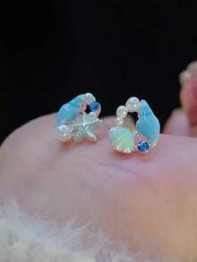 1對可愛又甜美的高檔女性禮物貝殼和藍色海星垂墜耳環，配有水晶鑽，適合海灘，顏色為白色和藍色 - 彩色 - 查看 9