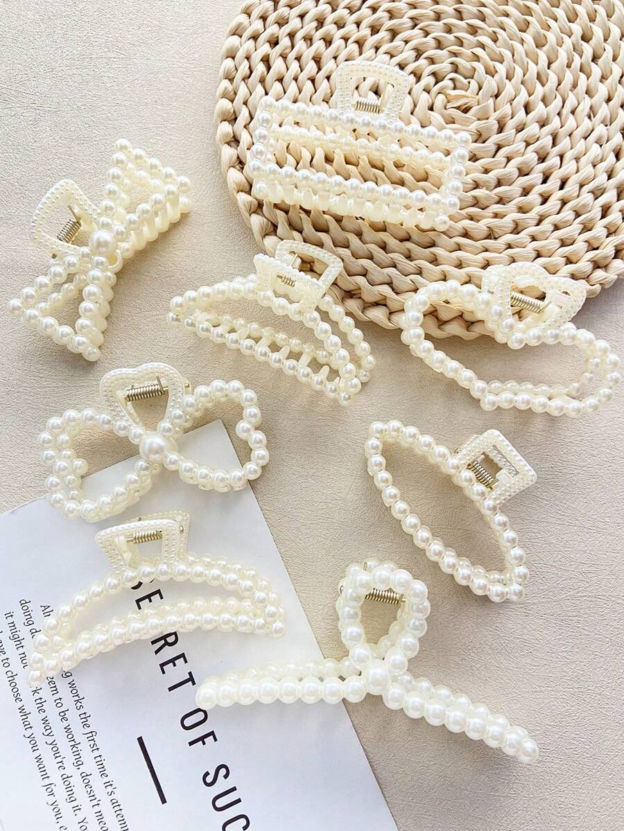 2/3 件套女士人造珍珠几何发夹套装，简约优雅休闲时尚树脂材质时尚别致人造珍珠半圆椭圆心形蝴蝶结发夹，适合日常通勤发型设计，安全无损时尚发饰美容爪夹休闲发夹 - 彩色 - 查看 1