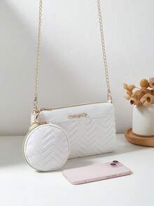 2pcs/Set Women Quilted Shoulder Bag, Small Square Crossbody Bag, Round Coin Purse, Waterproof, Lightweight, Portable, Classic Casual, Teacher, White-Collar Workers, Work, Business, Commute, Office, Shopping - White - View 4