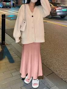 女士高腰针织美人鱼半身裙，垂坠效果，秋冬款 - 粉色 - 查看 4