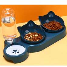 Three In One Cat Feeding Station, Durable Plastic Food And Water Bowls, Cute Cat Ear Design, Suitable For Two Cats To Eat - 藏蓝色 - 查看 2