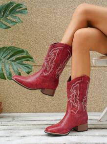 Women's Pointed Toe Western Cowboy Boots With Embroidery Decor, Chunky Heel Booties