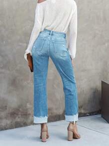 Pantalones vaqueros informales para mujer con cintura asimétrica y efecto desgastado