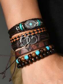 12/32/48Pcs Vintage Style Multilayer Pu Leather & Wooden Beaded Bracelet With Butterfly/Flower/Eye Charms - Handmade Friendship Bracelet For Men Women - Adjustable (Random Mixed) - Multicolor - View 4