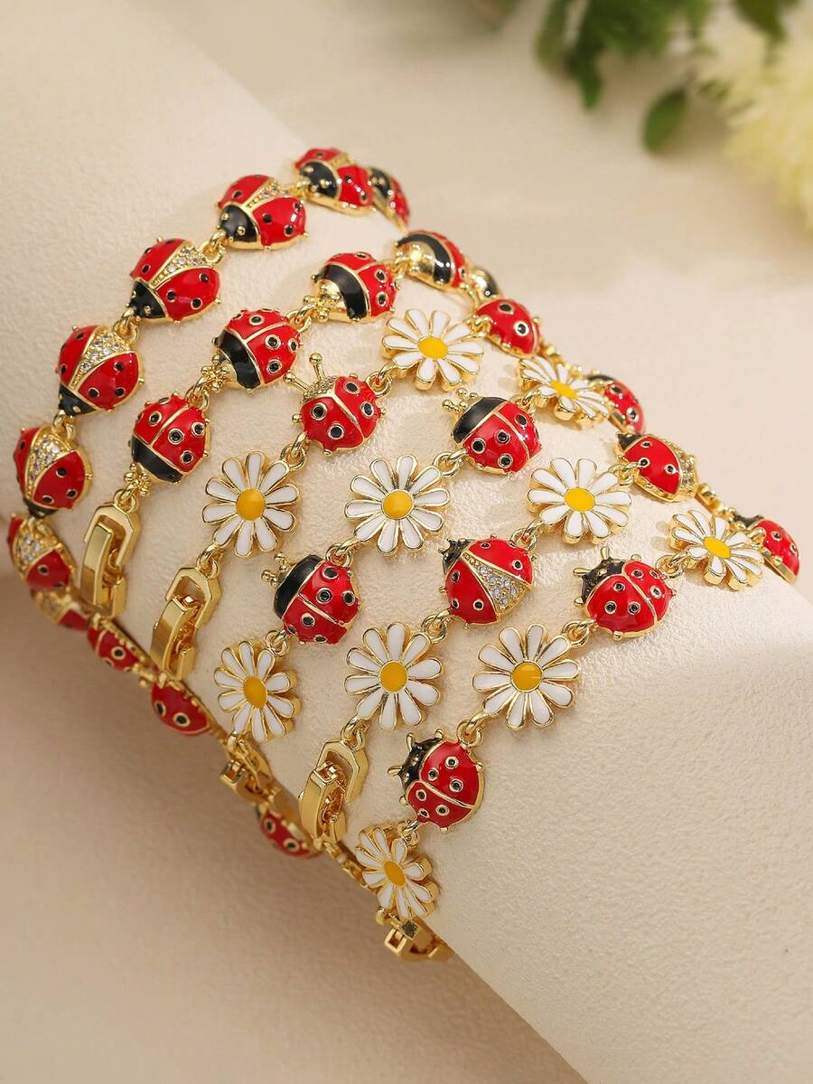 1pc Ladybug & Flower Decor Chain Bracelet, Multi-Color Cubic Zirconia Copper Alloy, Cute Nature Style, Couples Accessory For Casual Wear, Party - Multicolor - View 1