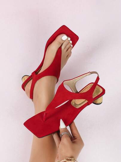 Eye - Catching Red Toe - Post Sandals For Women, Suede Square - Toe, Stylish Mid - Heel, Perfect For Parties And Dates