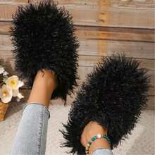 Women's Plush Faux Fur Slippers - Fluffy And Warm Slide-On Slipper For Cozy Comfort - 黑色 - 查看 4