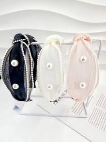 1pc Premium Faux Pearl Embellished Wide Edge Headband With Organza Knot, Elegant & Versatile Hair Accessory, Hairband Headband For Women , Hair Accessories, Diadema, Hair Hoop