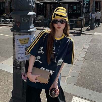 네이비 블루 레터 프린트 대비 컬러 반팔 티셔츠, 여성 루즈핏 캐주얼 미드 롱 풀오버 여름 탑