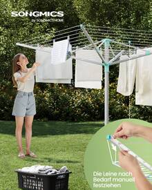 SONGMICS Wäschespinne, Wäscheständer, höhenverstellbar, 50 m Wäscheleine, für 5 Waschmaschinenladungen, Outdoor, Garten, mit Bodenhülse, Wäscheklammern, silbern-grün - Silbern-Grün - Übersicht 1