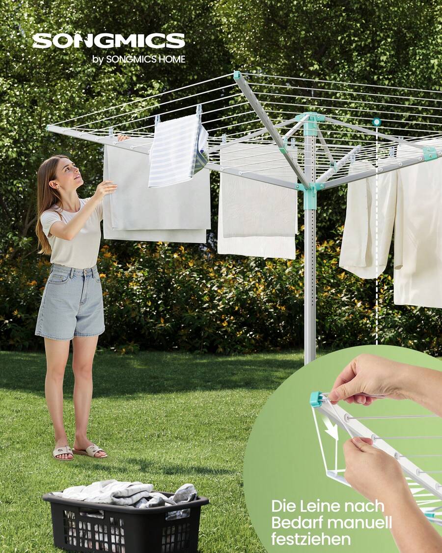 SONGMICS Wäschespinne, Wäscheständer, höhenverstellbar, 50 m Wäscheleine, für 5 Waschmaschinenladungen, Outdoor, Garten, mit Bodenhülse, Wäscheklammern, silbern-grün - Silbern-Grün - Übersicht 1