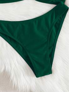 2026夏季新款优雅女士沙滩度假比基尼两件式泳衣，适合新年、情人节、音乐节等场合，休闲纯色弹力分体泳衣 - 墨綠色 - 查看 7