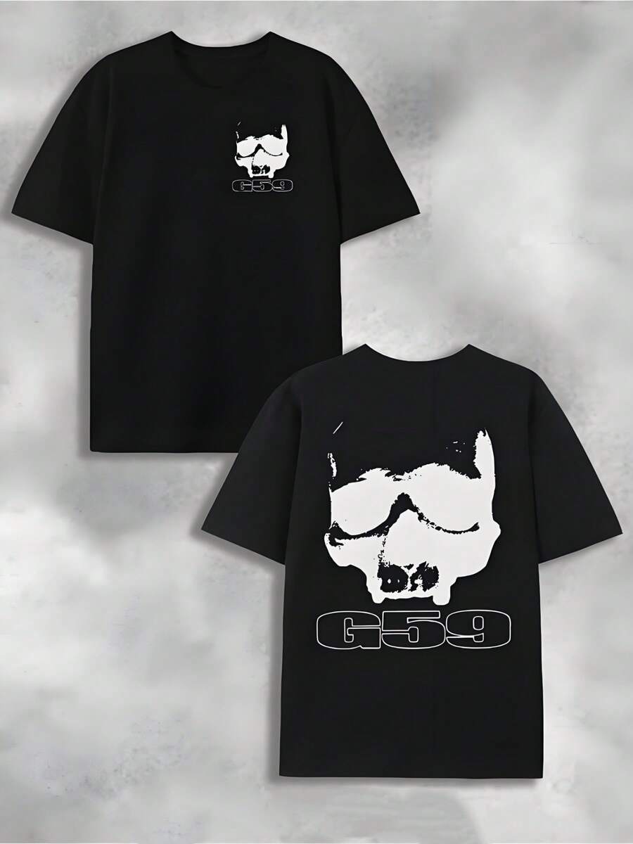 Double-Sided Digital Printed T-Shirt With "G59" Brand And Skull - Themed Graphic, Black 1Pcs Casual Soft Short Sleeve Pure 100% Cotton 220gsm T - Shirt ,Unisex - Black - View 1