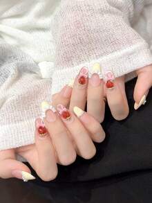 10片/套 手工短款按压式美甲贴片，夏季海滩风假指甲，时尚长椭圆形、草莓形、杏仁形、法式美甲，可重复使用，适合教师、学生、办公室、旅行、优雅商务休闲美甲用品 手工按压式美甲贴片 - 彩色 - 查看 4