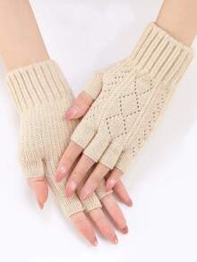 1双女士秋冬针织手套，带保暖内衬，户外保暖露指手套，时尚百搭袖套