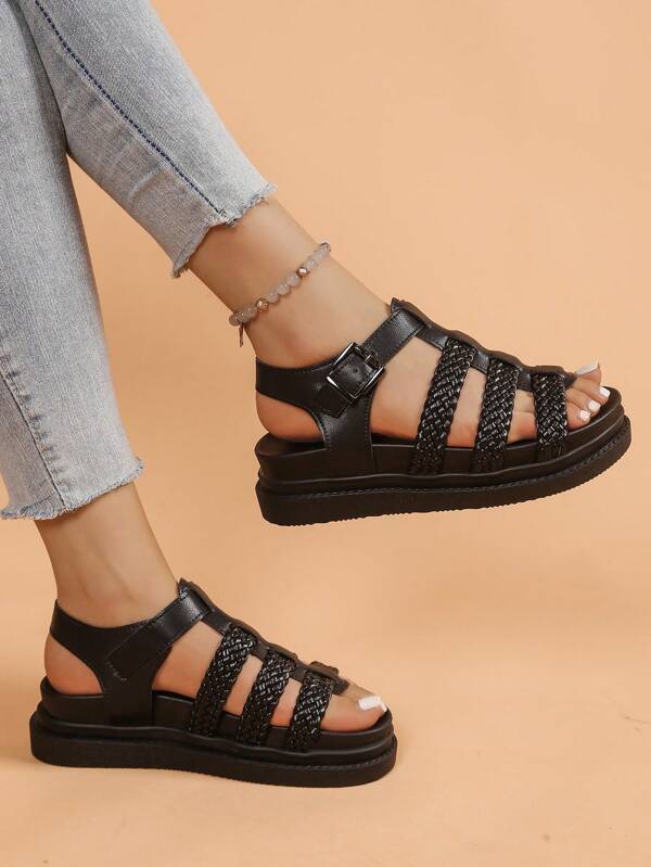 Women's Flat Sandals, New Thicker Sole Black Sandals, Roman Style Non-Slip Versatile Fashion Sandals, Casual Beach Sandals For Summer