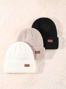 1/3 Packs Unisex Leather Patch Winter Skull Cap Beanies Knitted Cuff Hats Caps Roll-Up Edge Beanie Hats For Men Outdoors