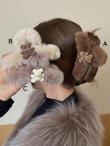 新款可爱植绒小熊毛绒发夹，优雅头饰女士发饰，秋冬发爪发夹发夹发颚夹发夹发夹，休闲秋季发饰女士度假装扮